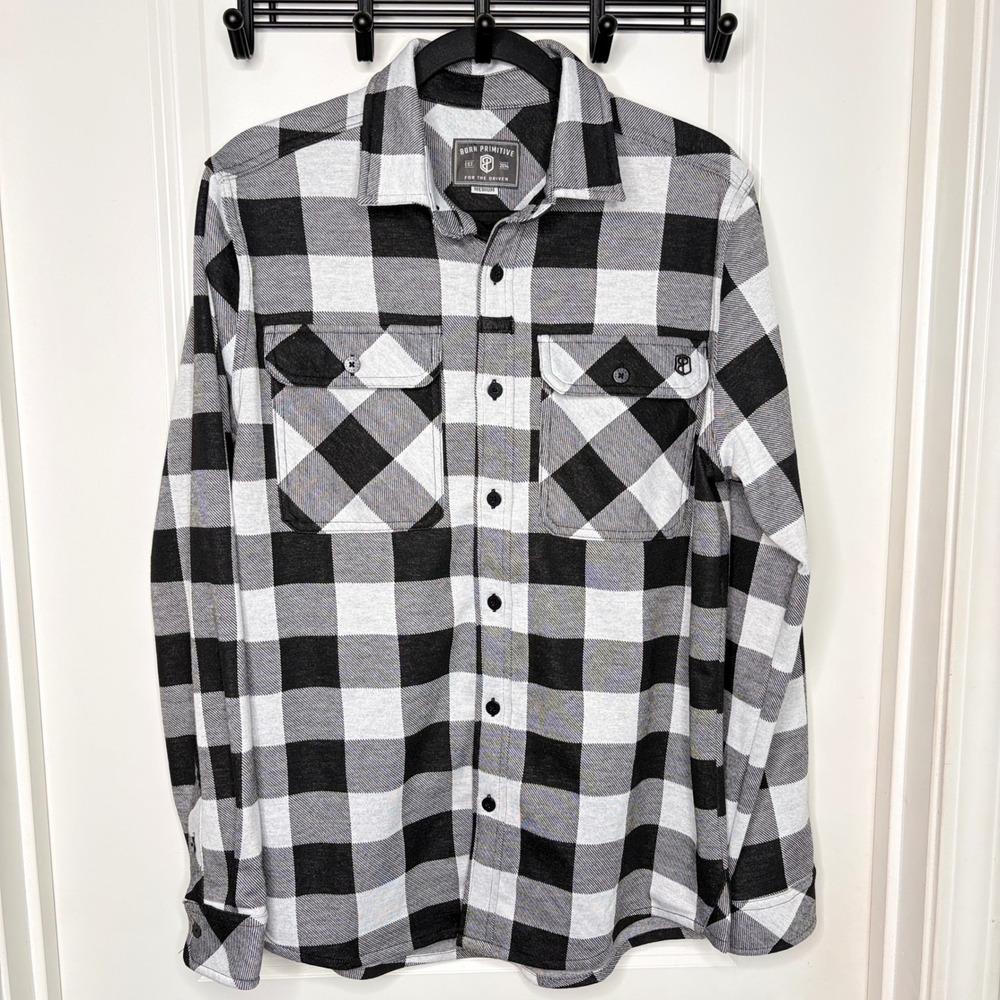 Born Primitive Shirt Mens Medium Woodsman Flannel Plaid Stretch Black White EUC‎